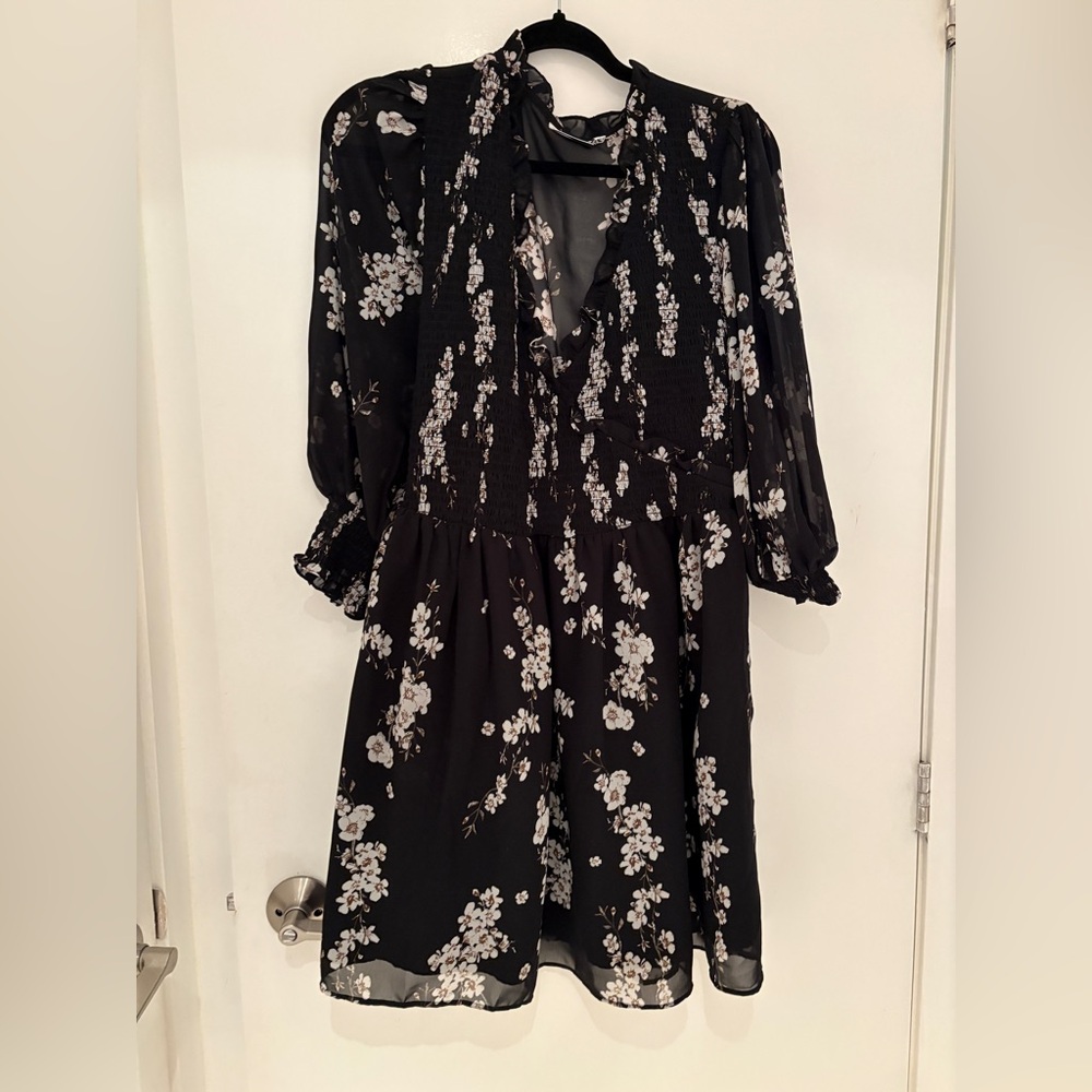 ASOS Curve Black Floral Long Sleeve V-Neck Dress